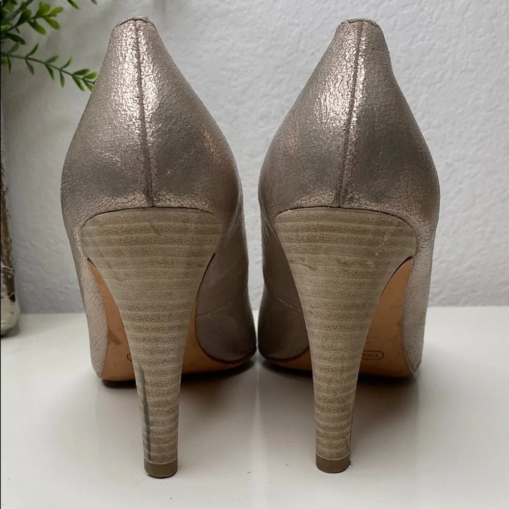 Coach Adina Crackled Metallic Champagne Leather Pointed‎ Toe Pumps Shimmer Sz 10
